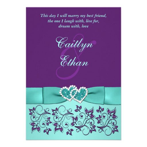 PRINTED BOW Aqua, Purple Floral Wedding Invitation