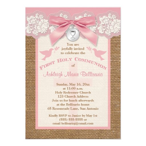 PRINTED BOW & CHARM First Holy Communion Invite (front side)