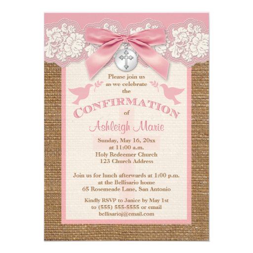 PRINTED BOW & CHARM Pink Confirmation Invite 2