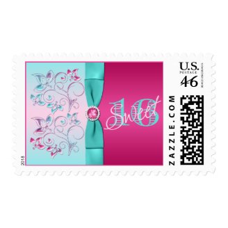 PRINTED BOW Pink and Aqua Floral Sweet 16 Stamp