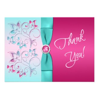 PRINTED BOW Pink, Aqua Floral PHOTO Thank You Card