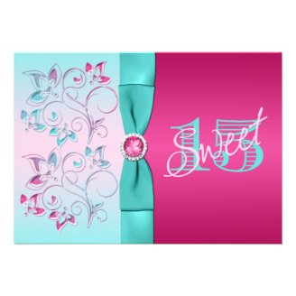 PRINTED BOW Pink, Aqua Floral Quinceanera Invite
