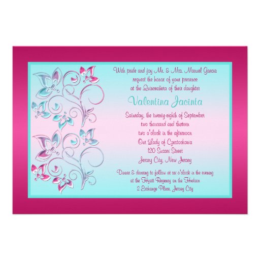 PRINTED BOW Pink, Aqua Floral Quinceanera Invite