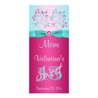 PRINTED BOW Pink, Aqua Floral Sweet 15 Menu Card Custom Rack Card