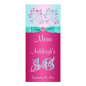 PRINTED BOW Pink, Aqua Floral Sweet 16 Menu Card Personalized Rack Card