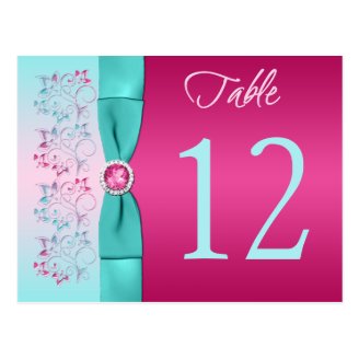 PRINTED BOW Pink, Aqua Floral Table Number Card Post Card