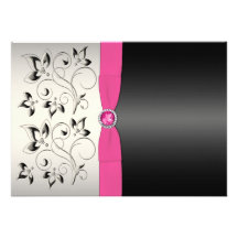 PRINTED BOW Pink Black Gray Floral Wedding Invite