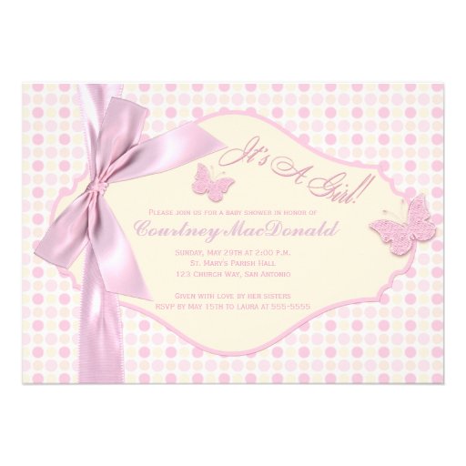 PRINTED BOW/Ribbon Pink Polka Dots Baby Shower Personalized Announcements