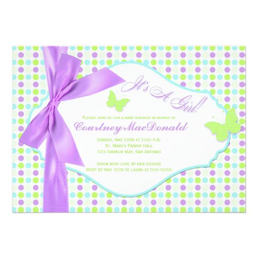 PRINTED BOW/Ribbon Purple Polka Dots Baby Shower Personalized Announcement