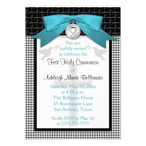 PRINTED BOW Teal First Holy Communion Invitation