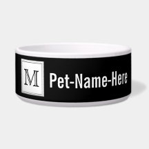 Printed Custom Monogram. Black and Pale Gray. Pet Water Bowl