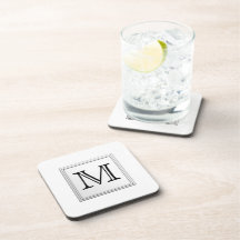 Printed Custom Monogram. Black and White. Beverage Coasters