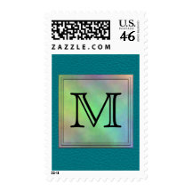 Printed Custom Monogram Image on Teal Pattern. Postage Stamps