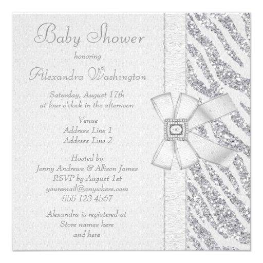 Printed Glitter Zebra Print & Bling Baby Shower Personalized Announcements