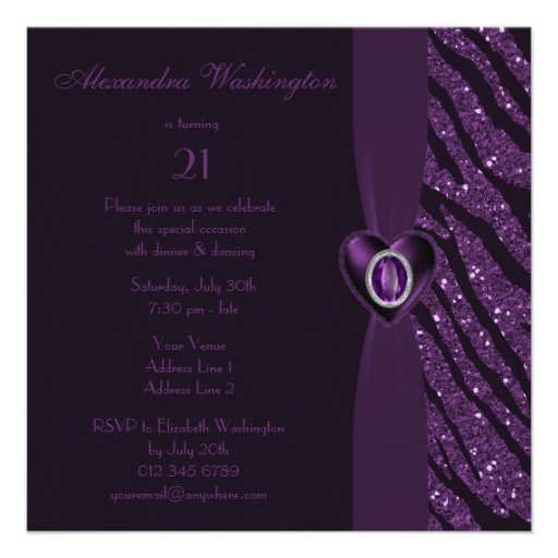 Printed Jewel Heart & Zebra Glitter 21st Birthday Personalized Invitation