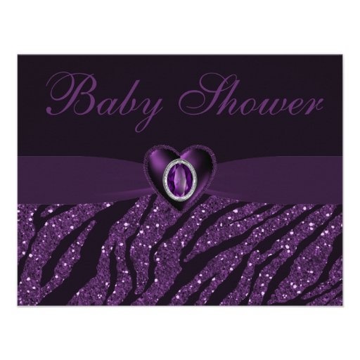 Printed Jewel Heart & Zebra Glitter Baby Shower Custom Invitation