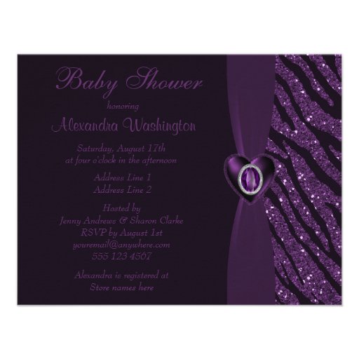Printed Jewel Heart & Zebra Glitter Baby Shower Custom Invitation