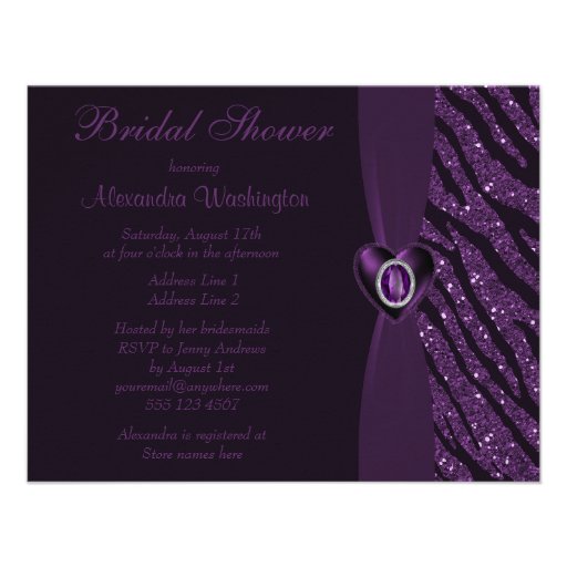 Printed Jewel Heart & Zebra Glitter Bridal Shower Custom Invitations