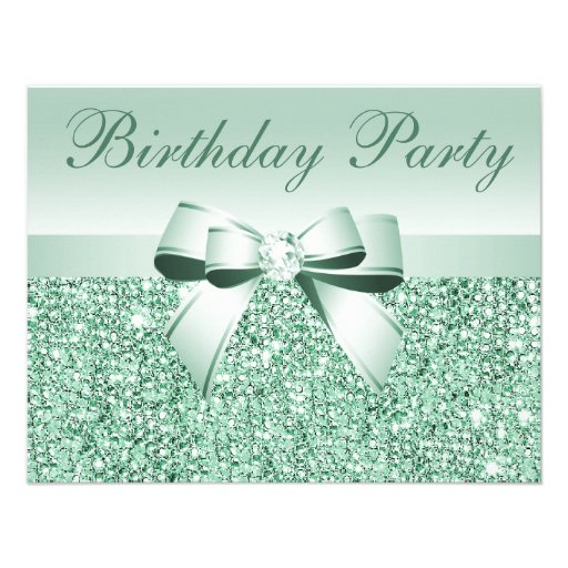 Printed Mint Green Sequins, Bow & Diamond Birthday Invites