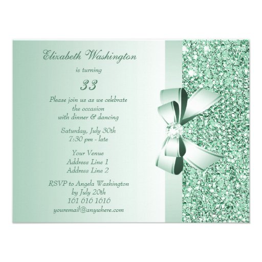 Printed Mint Green Sequins, Bow & Diamond Birthday Invites
