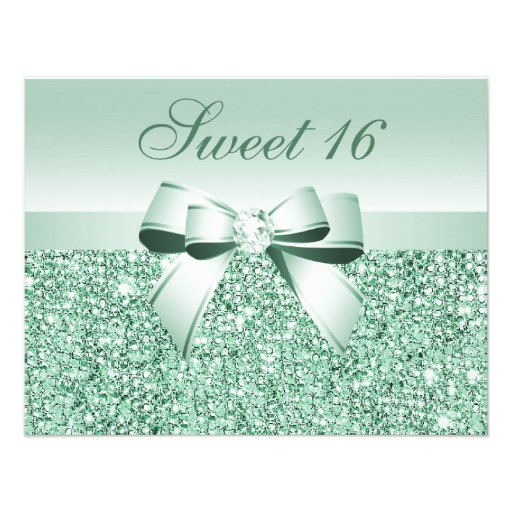 Printed Mint Green Sequins, Bow & Diamond Sweet 16 Announcement