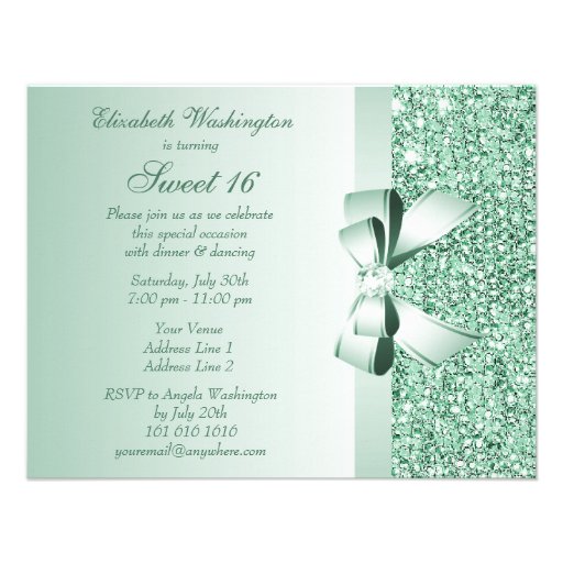 Printed Mint Green Sequins, Bow & Diamond Sweet 16 Announcement