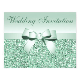 Printed Mint Green Sequins, Bow & Diamond Wedding 4.25x5.5 Paper Invitation Card