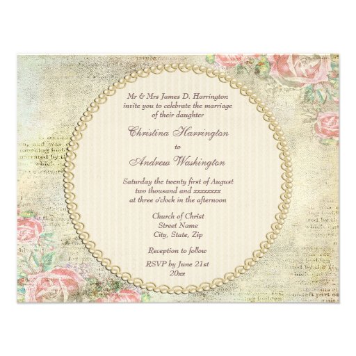 Printed Pearls & Lace Shabby Chic Roses Wedding Personalized Invite