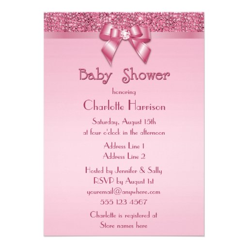 Printed Pink Sequins and Bow Girls Baby Shower Personalized Announcement