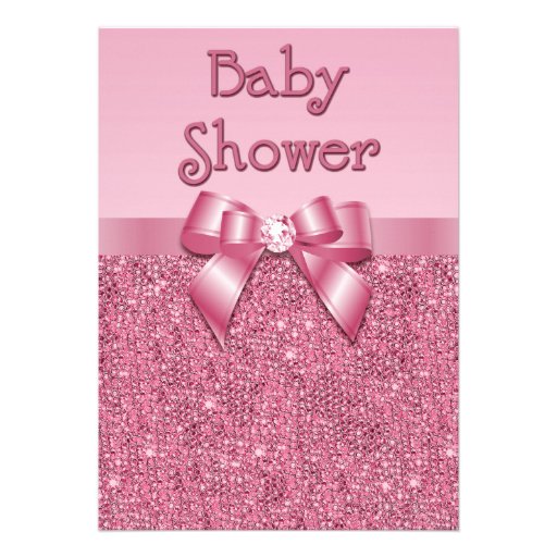 Printed Pink Sequins and Bow Girls Baby Shower Personalized Announcement (front side)
