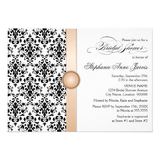 Printed Ribbon and Jewel Damask Bridal Shower Personalized Invitations