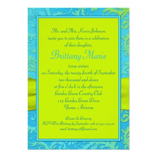 PRINTED RIBBON Aqua, Lime Sweet 16 Invite