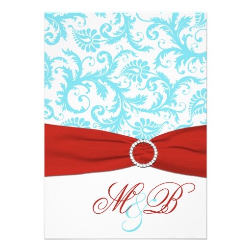 PRINTED RIBBON Aqua Red White Damask Invite