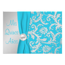 PRINTED RIBBON Aqua, Silver Photo Quinceanera Personalized Invitation