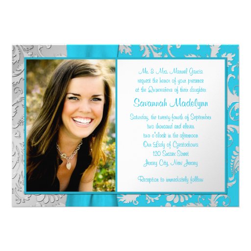 PRINTED RIBBON Aqua, Silver Photo Quinceanera Personalized Invitation