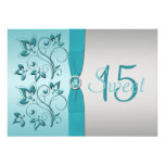 PRINTED RIBBON Aqua, Silver Quinceanera Invite