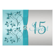 PRINTED RIBBON Aqua, Silver Quinceanera Invite