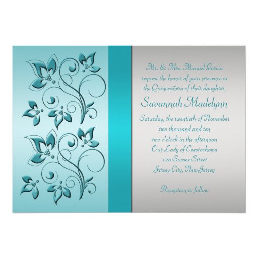 PRINTED RIBBON Aqua, Silver Quinceanera Invite