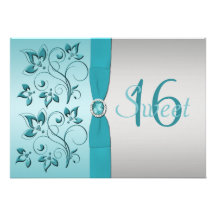 PRINTED RIBBON Aqua, Silver Sweet 16 Party Invite