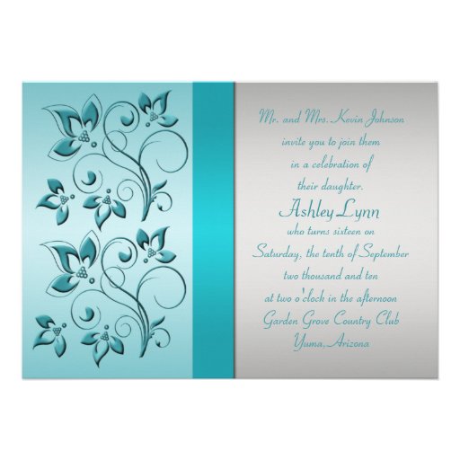 PRINTED RIBBON Aqua, Silver Sweet 16 Party Invite