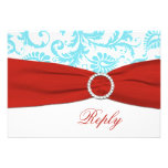 PRINTED RIBBON Aqua, White, Red Damask RSVP Card
