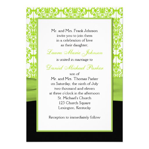 PRINTED RIBBON Black, Green Damask Wedding Invite
