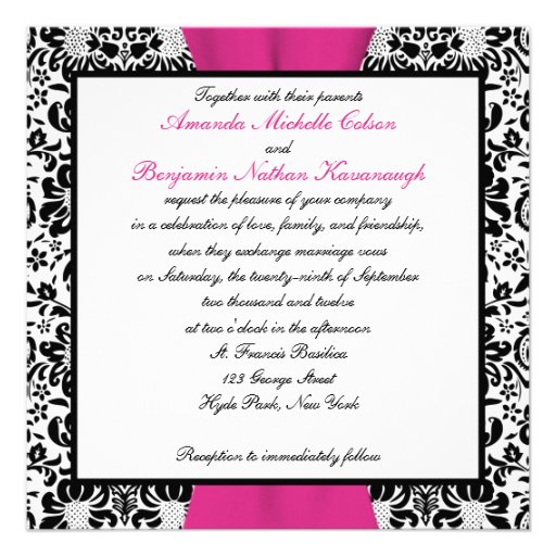 PRINTED RIBBON Black, White, Pink Damask Invite