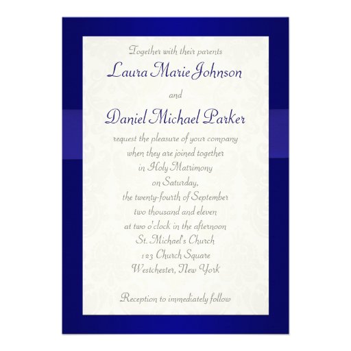 PRINTED RIBBON Blue, Ivory Damask Wedding Invite