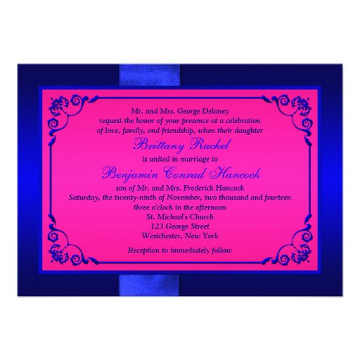 PRINTED RIBBON Blue, Pink Floral Wedding Invite
