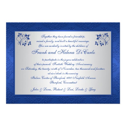PRINTED RIBBON Blue Silver Floral 40th Anniversary Invites