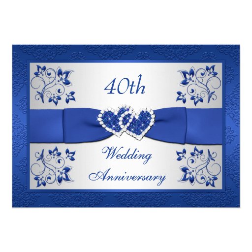 PRINTED RIBBON Blue Silver Floral 40th Anniversary Invites (front side)