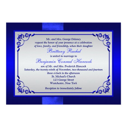 PRINTED RIBBON Blue, Silver Floral Wedding Invite