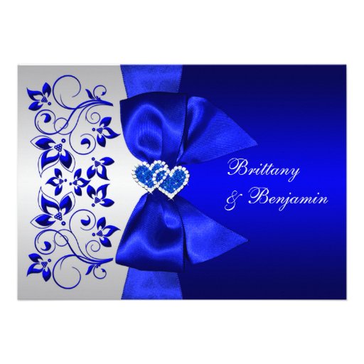 PRINTED RIBBON Blue, Silver Floral Wedding Invite (front side)