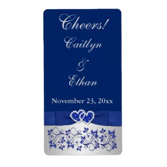 PRINTED RIBBON Blue, Silver Wedding Wine Label